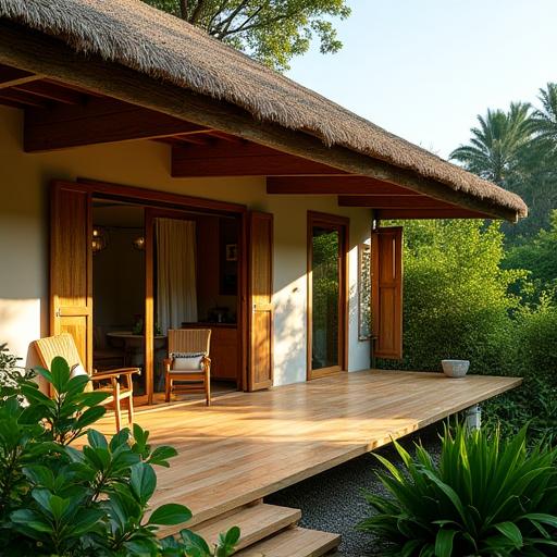 An intimate eco-friendly cottage with a veranda overlooking lush greenery