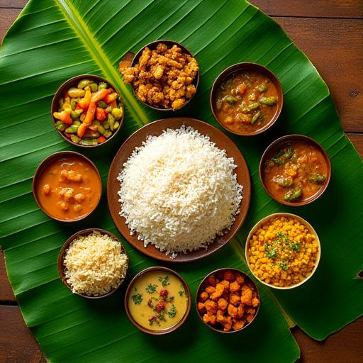 A traditional South Indian meal served on a banana leaf