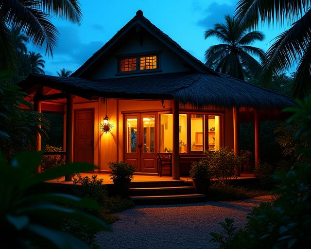 Exterior view of an eco-friendly cottage at dusk, with ambient lighting and lush plants.