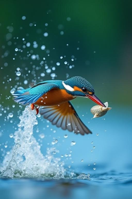 A common kingfisher diving for a fish, its vibrant blue and orange plumage clear against the water.