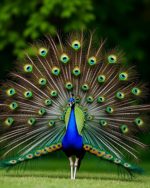 A peacock displaying its magnificent feathers in a full fan, vibrant and proud.