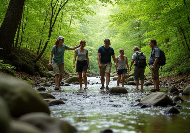 A group on a guided nature walk across a shallow stream, enjoying the forest ambiance.