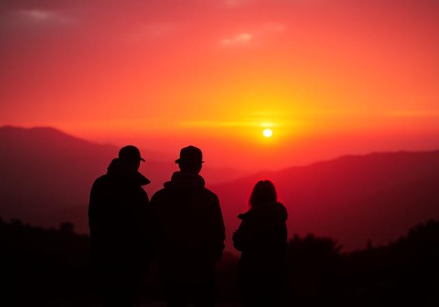 Guests watching the sunrise from a scenic viewpoint, silhouetted against an orange sky.