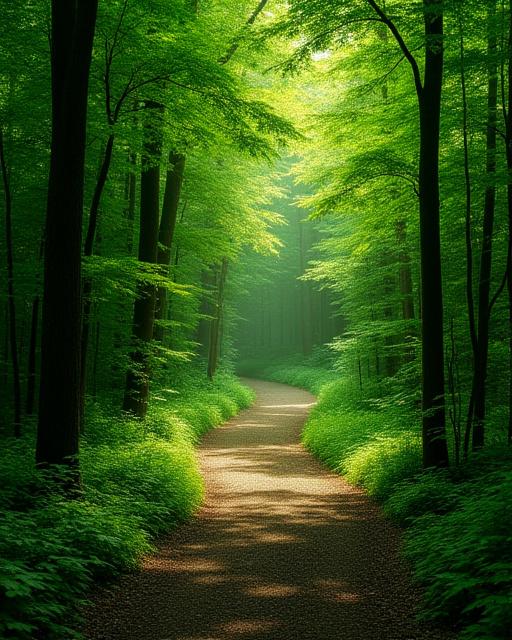 A winding nature path through the lush green forest at Sarang Road retreat.