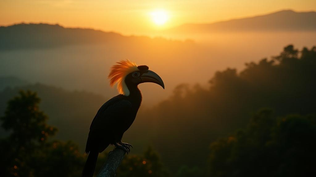 A magnificent Hornbill perched on a branch at sunrise, with misty forest in the background.